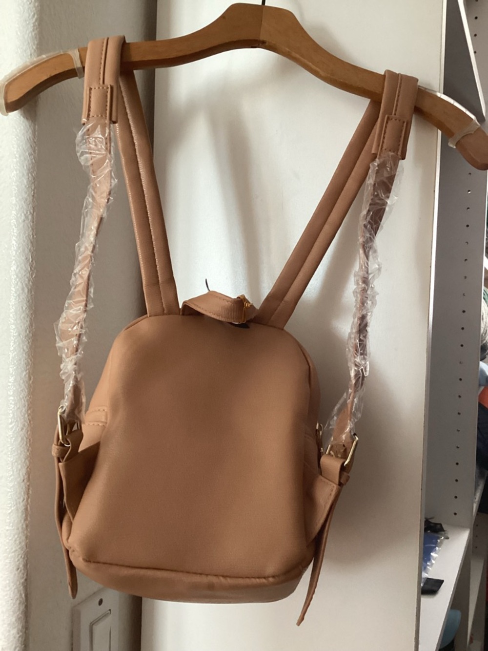 bebe Peach-Tan Mini Backpack with Gold Script Logo - Picture 2 of 6